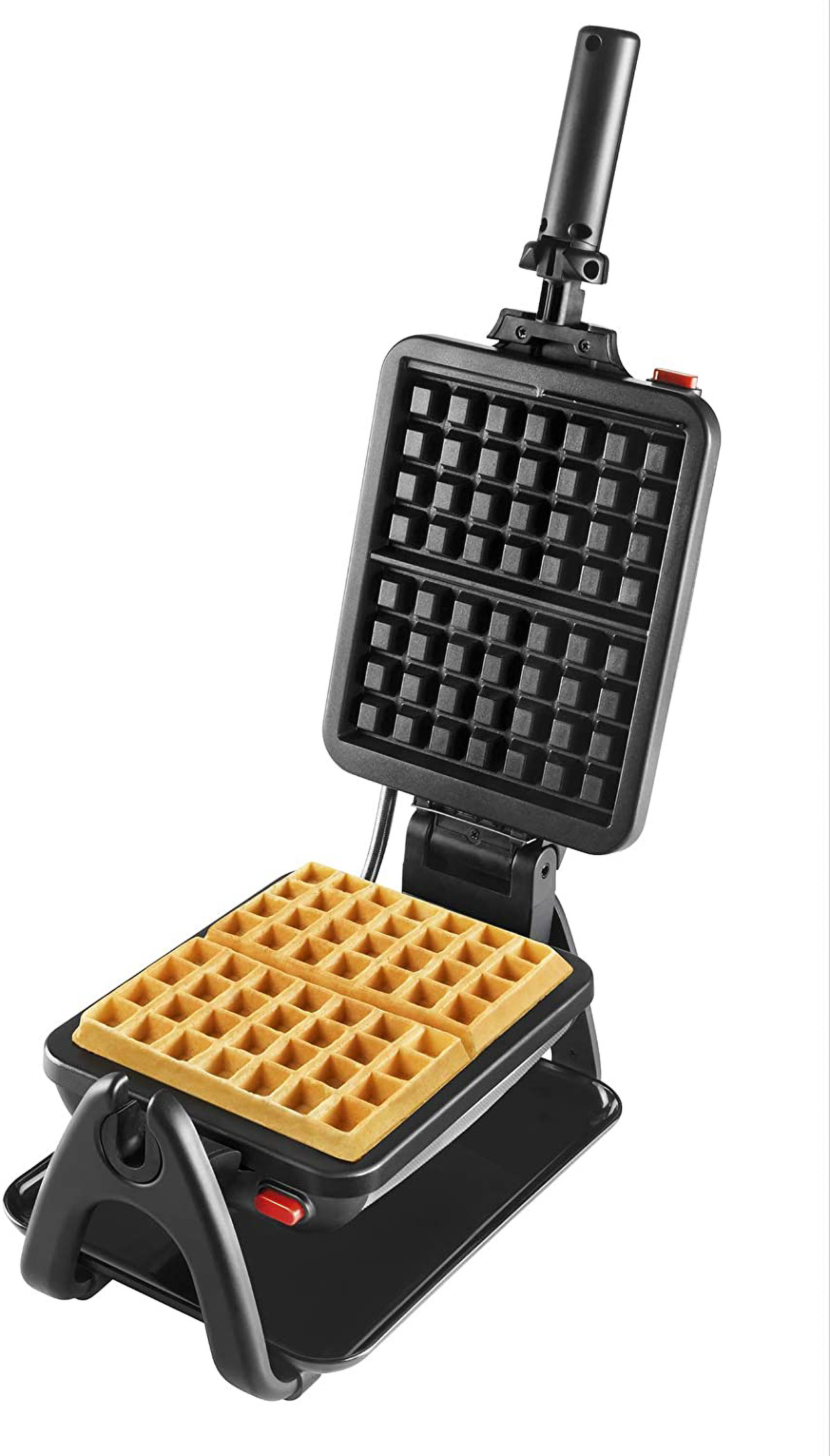 Otwarta gofrownica z dwoma goframi w środku. Jest czarna z uchwytem na górze.