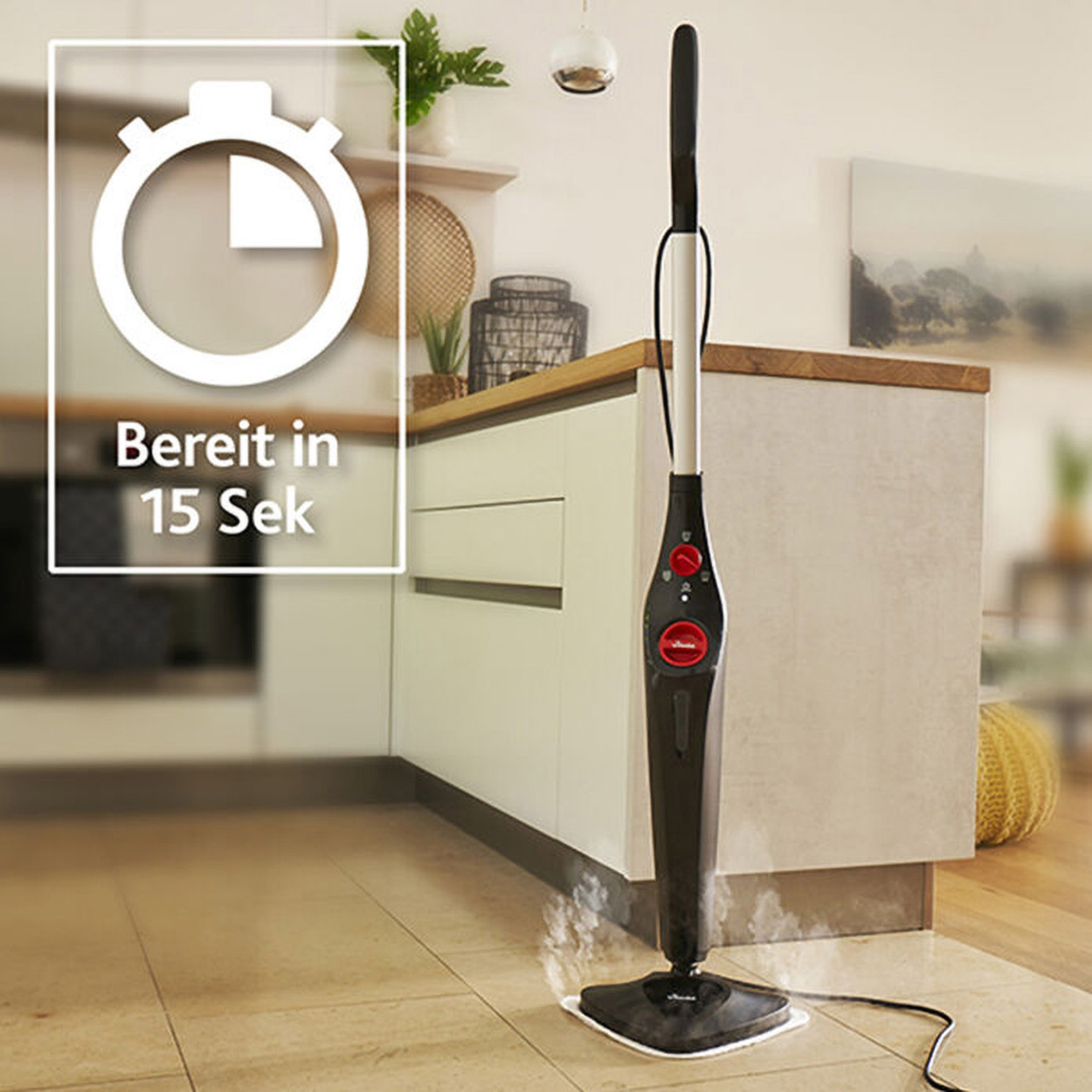Ein Dampfmopp reinigt einen Boden. Text-Overlay sagt 'Bereit in 15 Sek' mit einem Timer-Symbol.