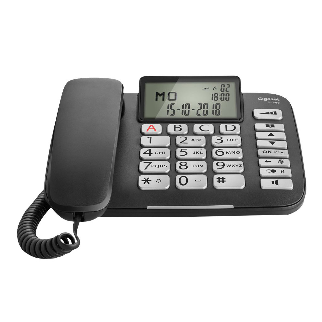 Un teléfono Gigaset DL580 negro. Tiene un auricular, un teclado con botones grandes y una pantalla digital que muestra la fecha y la hora.