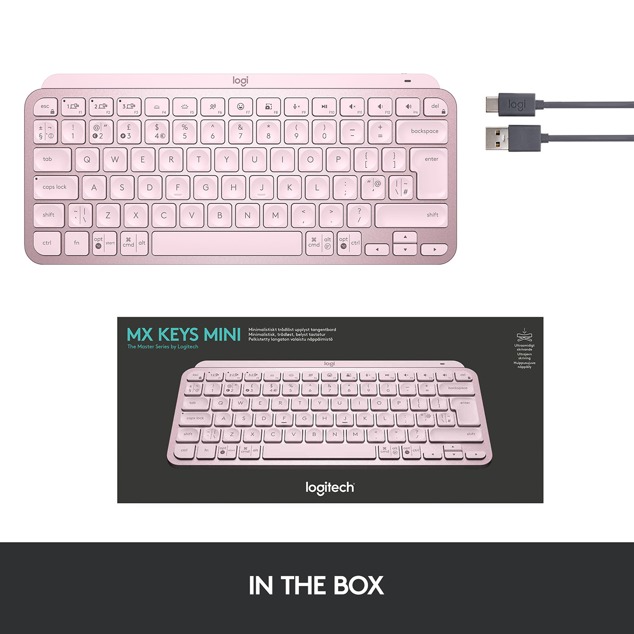 Una tastiera rosa Logitech MX KEYS MINI, scatola e cavo. La tastiera è su una superficie bianca.