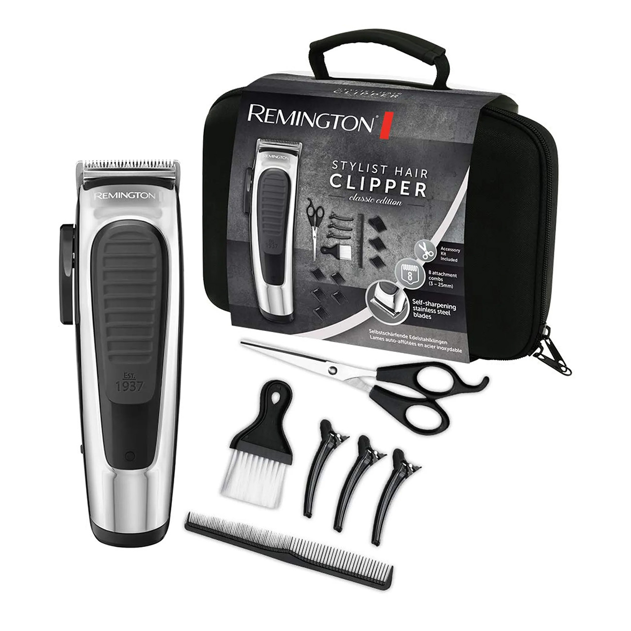 Juego de cortapelos Remington, con cortapelos, tijeras, peines, accesorios y una funda.