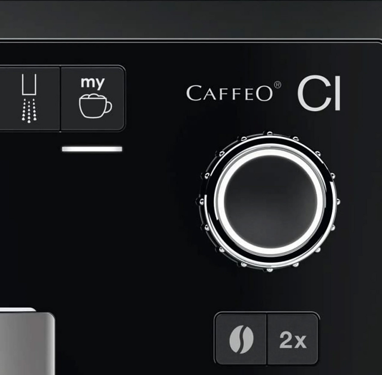 Nahaufnahme eines schwarzen Kaffeemaschinen-Bedienfelds. Es hat Knöpfe und ein Rad.