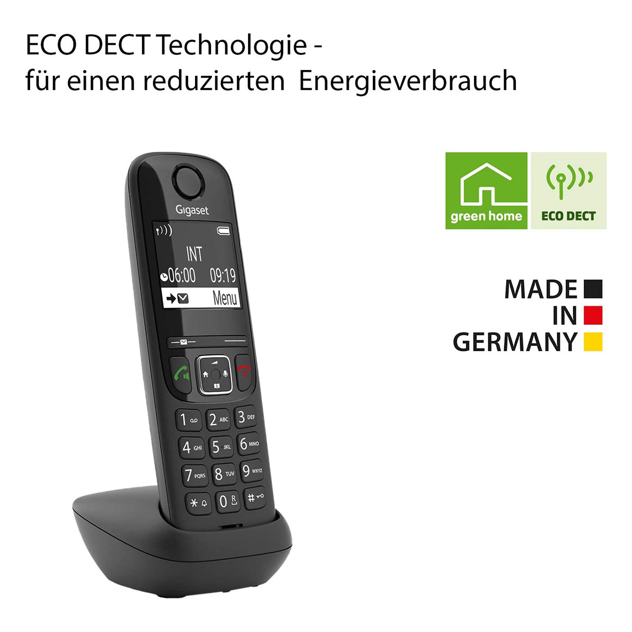 Ein schwarzes schnurloses Telefon auf seiner Ladestation. Das Telefon hat einen Bildschirm, der Zeit und Menüoptionen anzeigt.