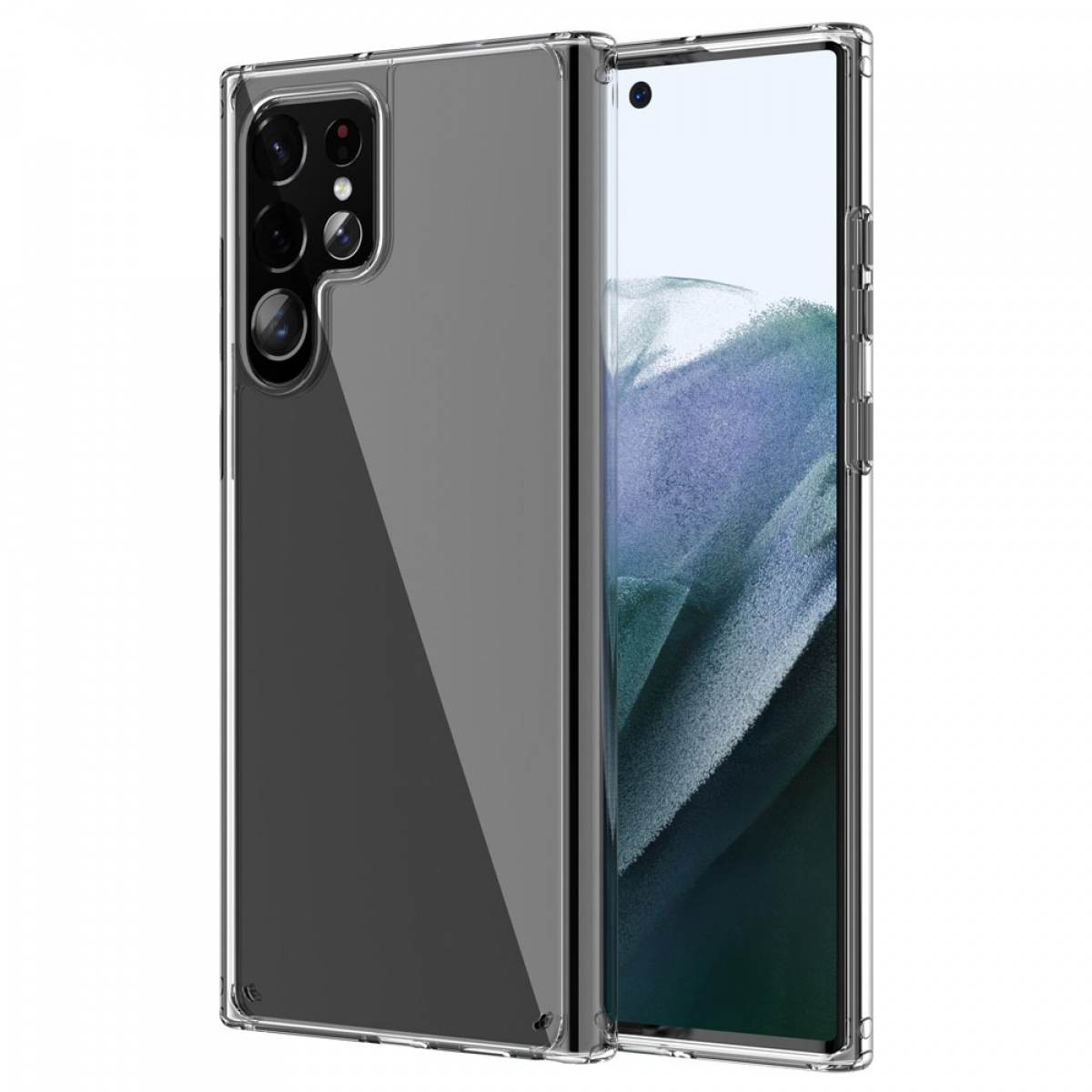 Ein Telefon mit einer durchsichtigen Hülle, das die Rück- und Vorderseite zeigt.