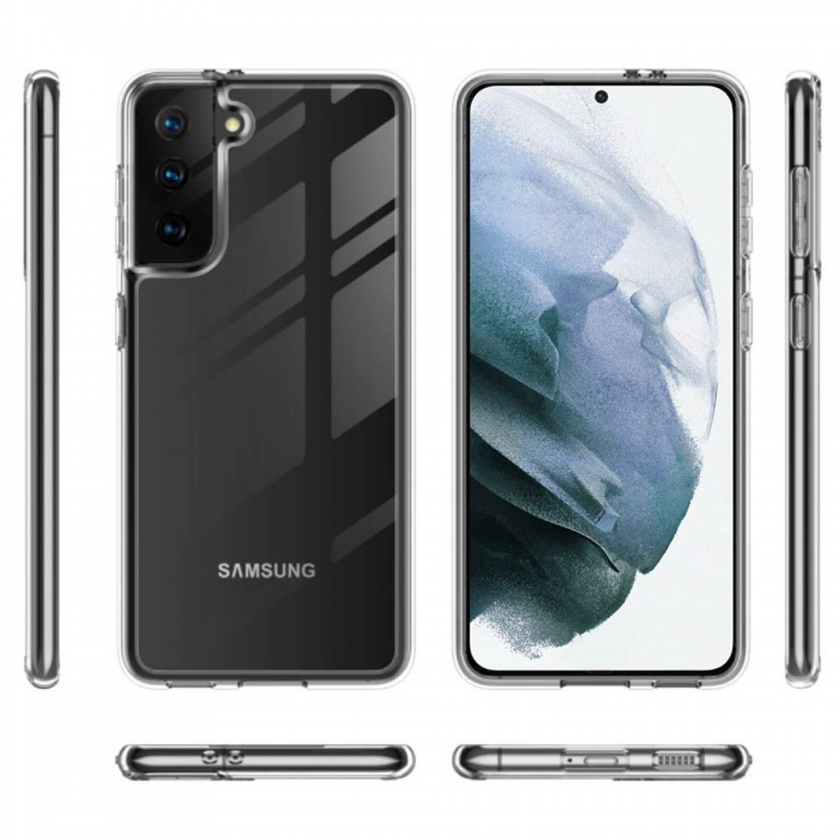 Transparente Handyhülle, Telefon innen sichtbar. Seiten- und Unteransichten zeigen auch Telefondetails.