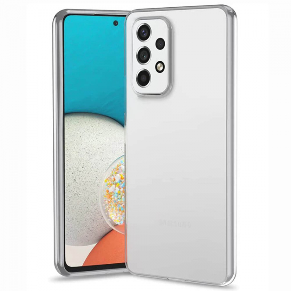 Telefon mit transparenter Hülle. Der Bildschirm zeigt ein farbenfrohes Bild.