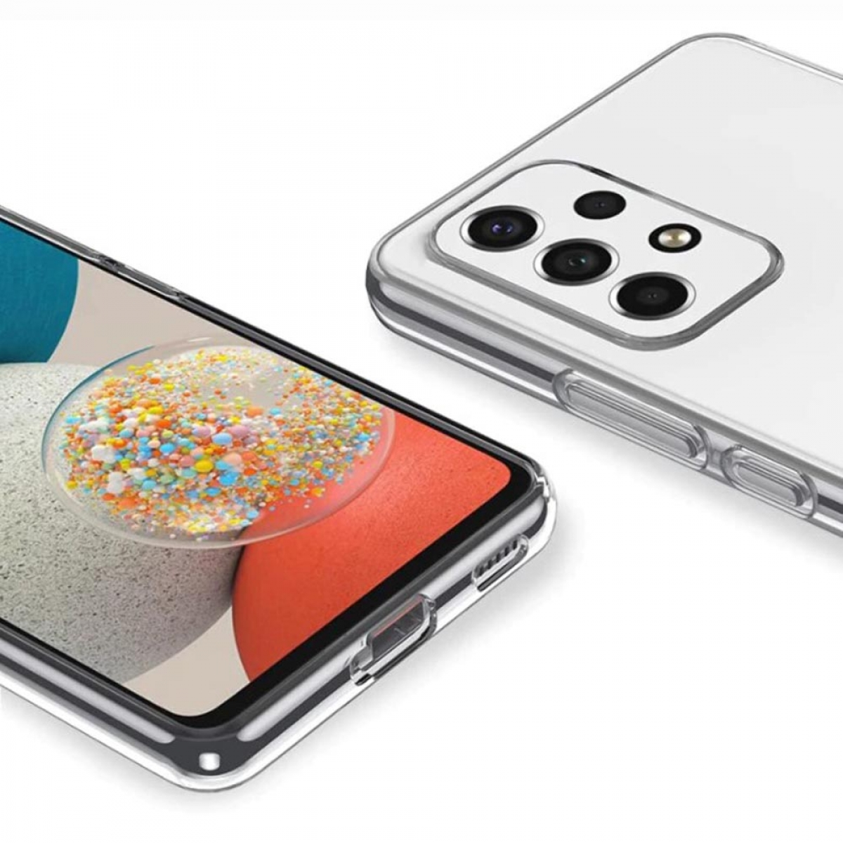 Nahaufnahme eines Telefonbildschirms und einer durchsichtigen Hülle. Telefon zeigt buntes Bild, Hülle transparent.