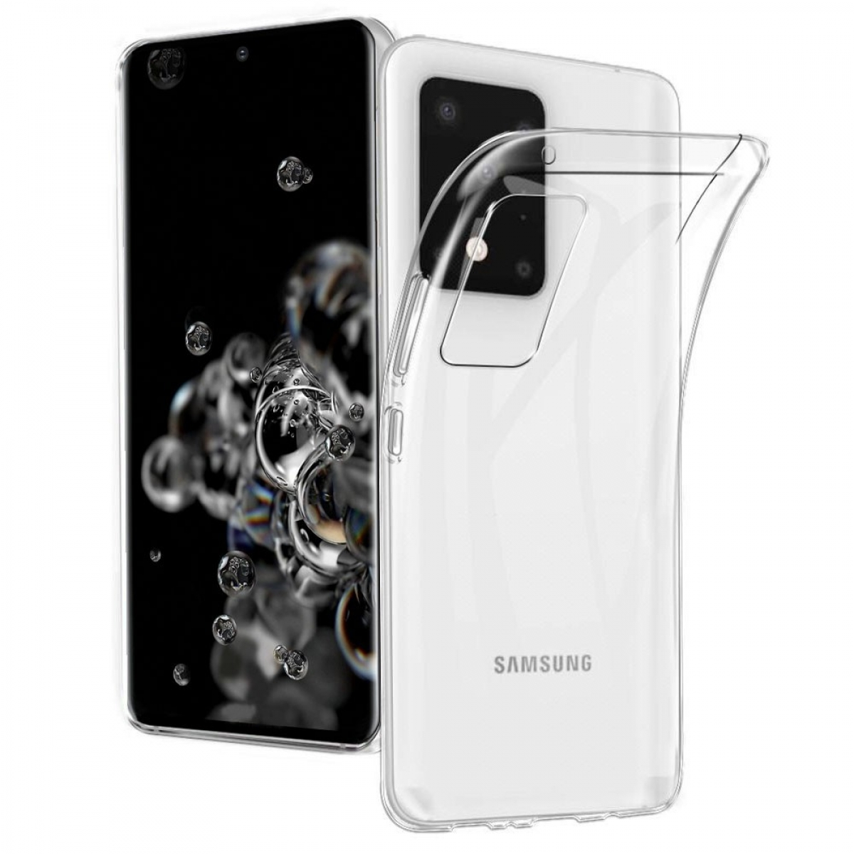 Ein Smartphone in einer transparenten Hülle, das die Rückseite des Telefons und den Bildschirm mit Blasen und schwarzem Hintergrund zeigt.