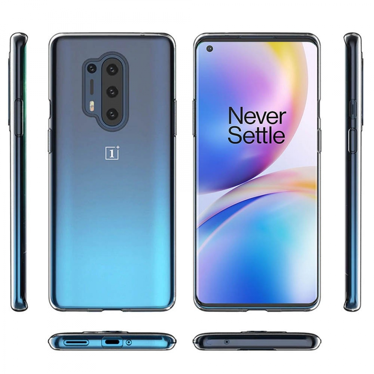 Telefon mit transparentem Gehäuse. Das Telefon befindet sich in der Mitte und zeigt das Never Settle Logo.