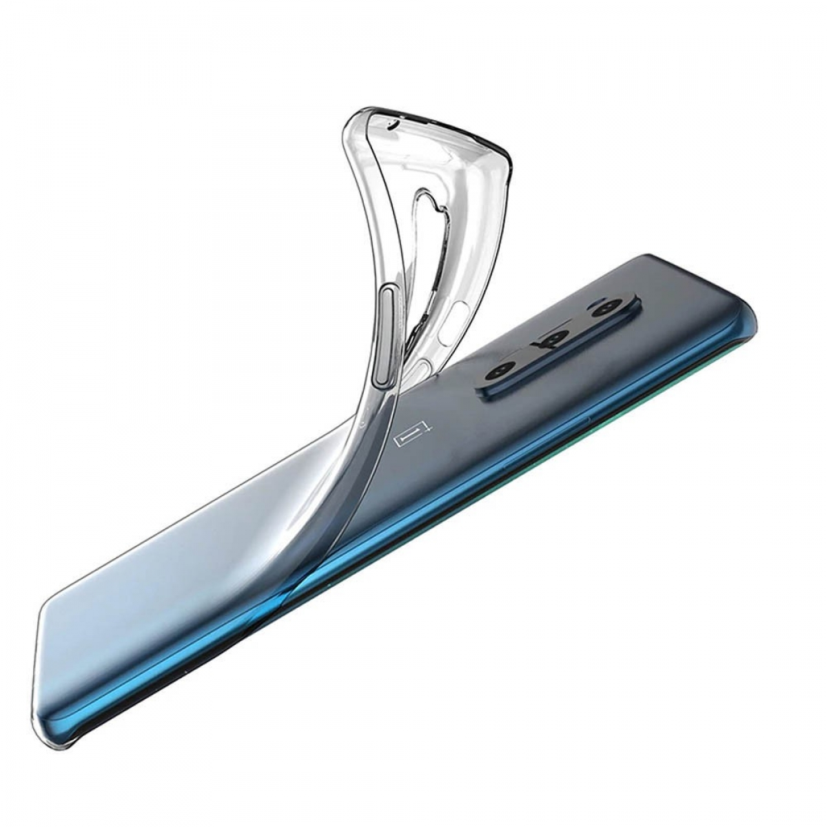 Transparente Handyhülle um ein blaues Smartphone.