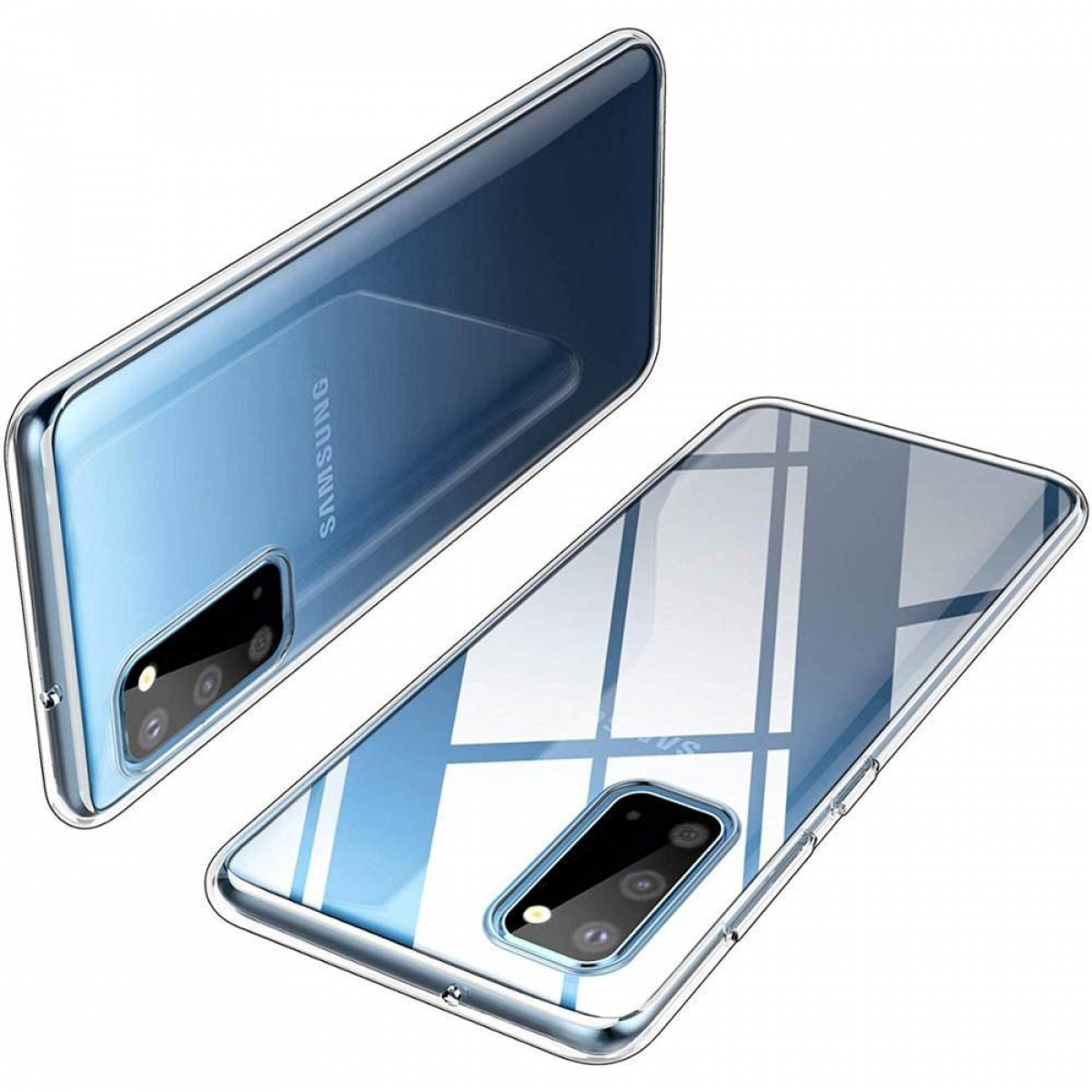 Blaues Smartphone mit klarer Hülle, aus zwei Blickwinkeln vor weißem Hintergrund.