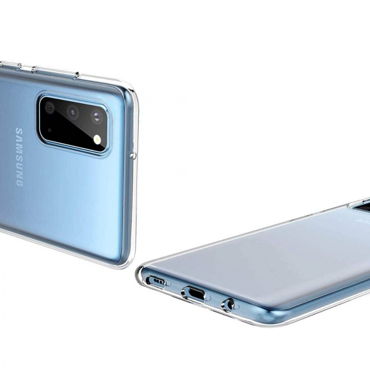 Zwei Telefone mit transparentem Gehäuse, blaues Telefon links, Blick auf den Ladeanschluss.