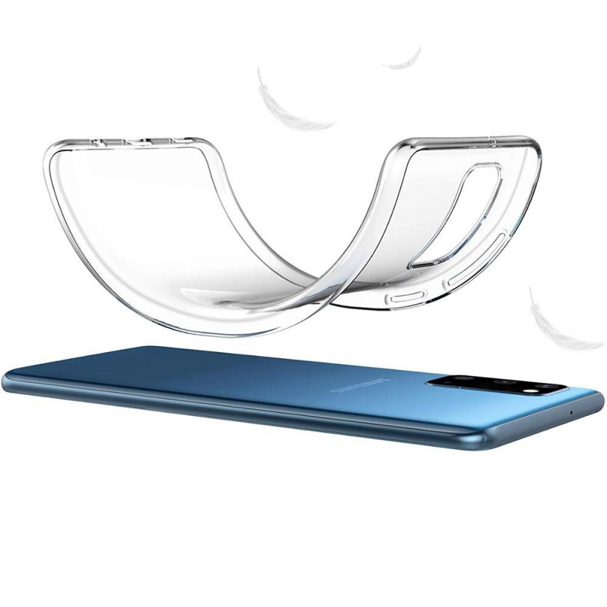 Ein blaues Telefon mit einer durchsichtigen, flexiblen Hülle. Das Telefon ist blau und die Hülle ist transparent. Die Hülle befindet sich über dem Telefon.