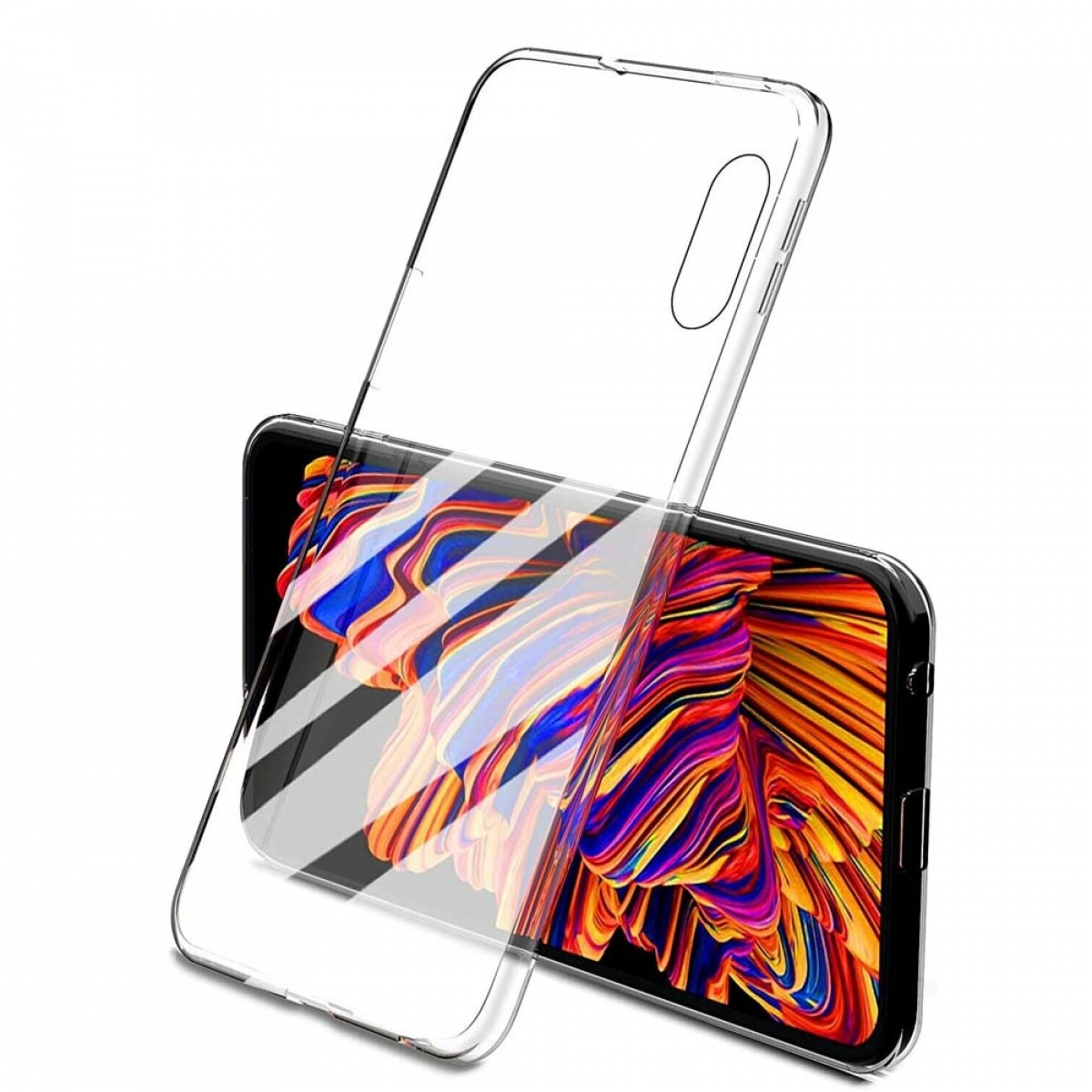 Schwarzes Telefon mit klarer Hülle. Das Telefon liegt auf einer schwarzen Oberfläche.