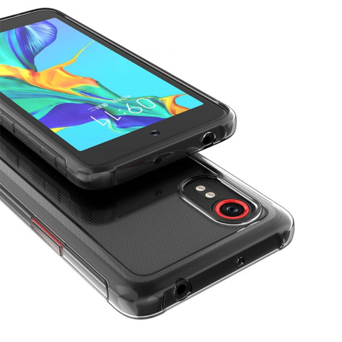 Ein schwarzes Telefon liegt auf einem anderen Telefon, mit einem roten Kreis um die Kamera.