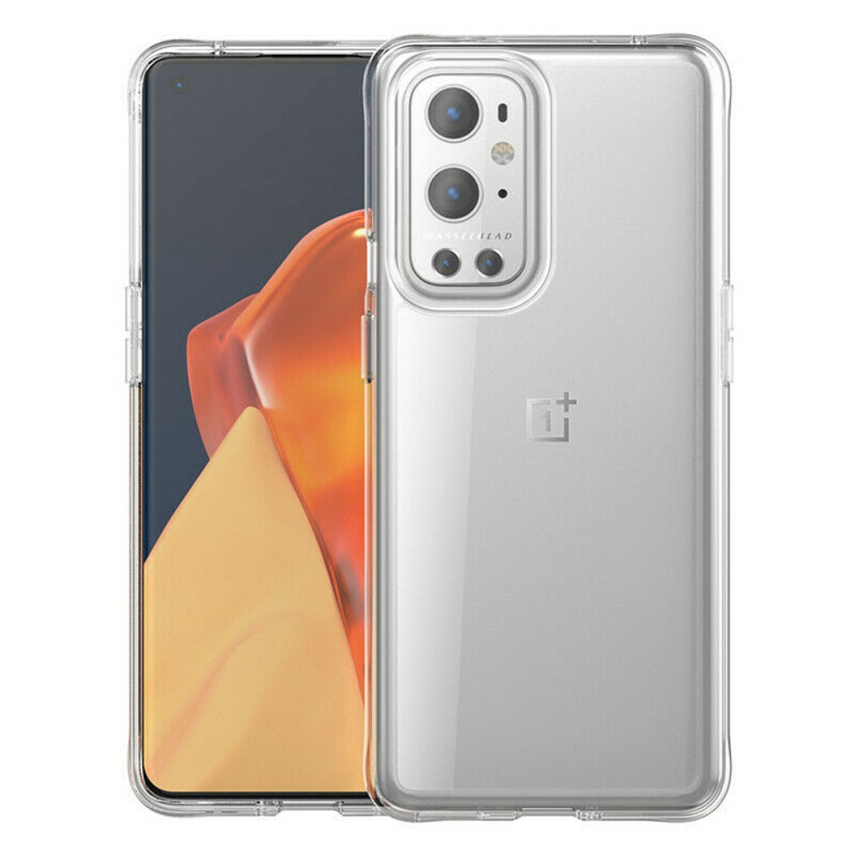 Telefon mit durchsichtiger Hülle. Das Telefon ist schwarz mit einer weißen Hülle. Die Hülle ist auf dem Telefon.