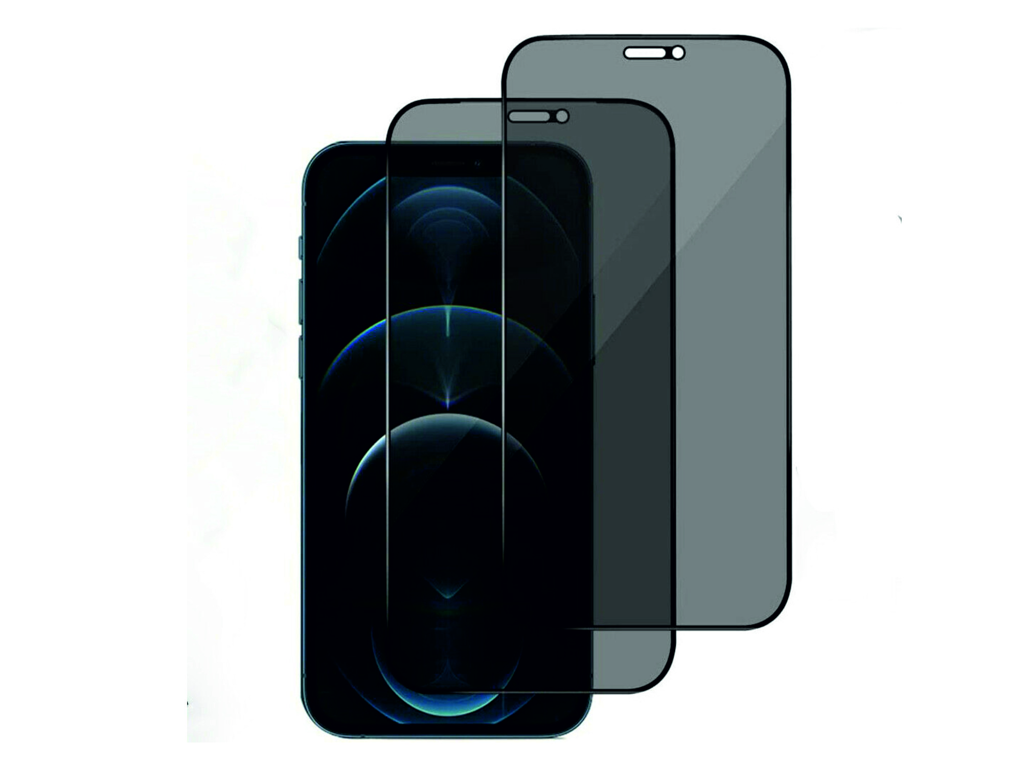 Telefon mit drei Displayschutzfolien. Eine auf dem Telefon, zwei separat. Alles schwarz.