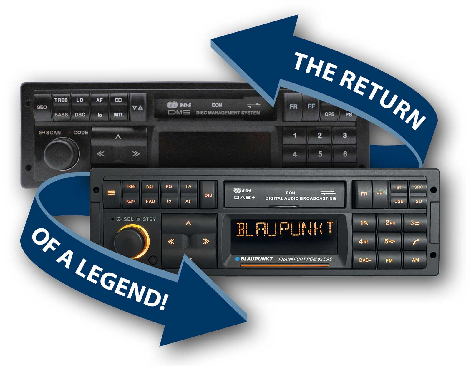 Deux autoradios avec des flèches montrant le retour d'une légende, avec le texte 'The Return of a Legend!'.