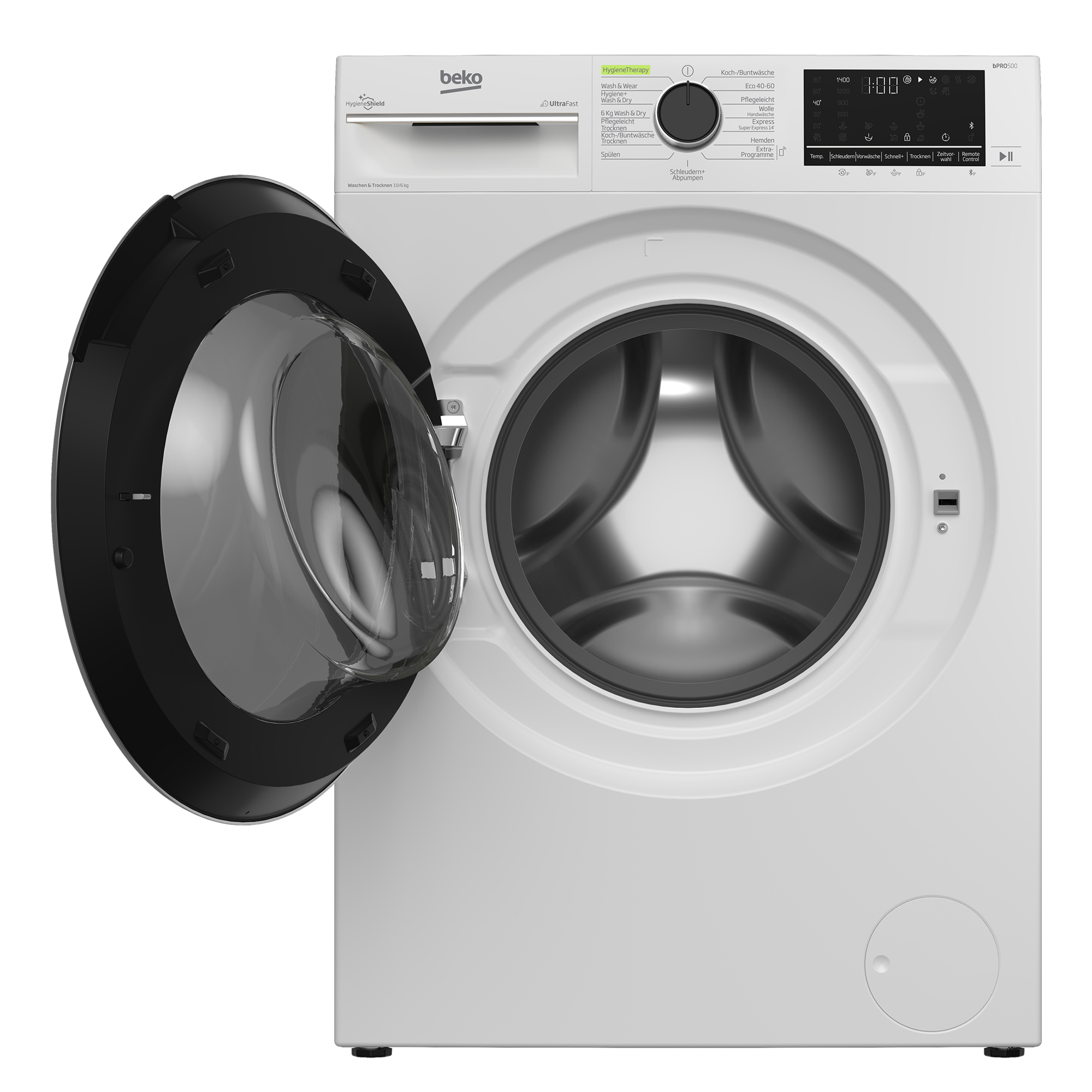 Weiße Waschmaschine. Die Tür ist geöffnet. Im Inneren befindet sich eine silberne Trommel.