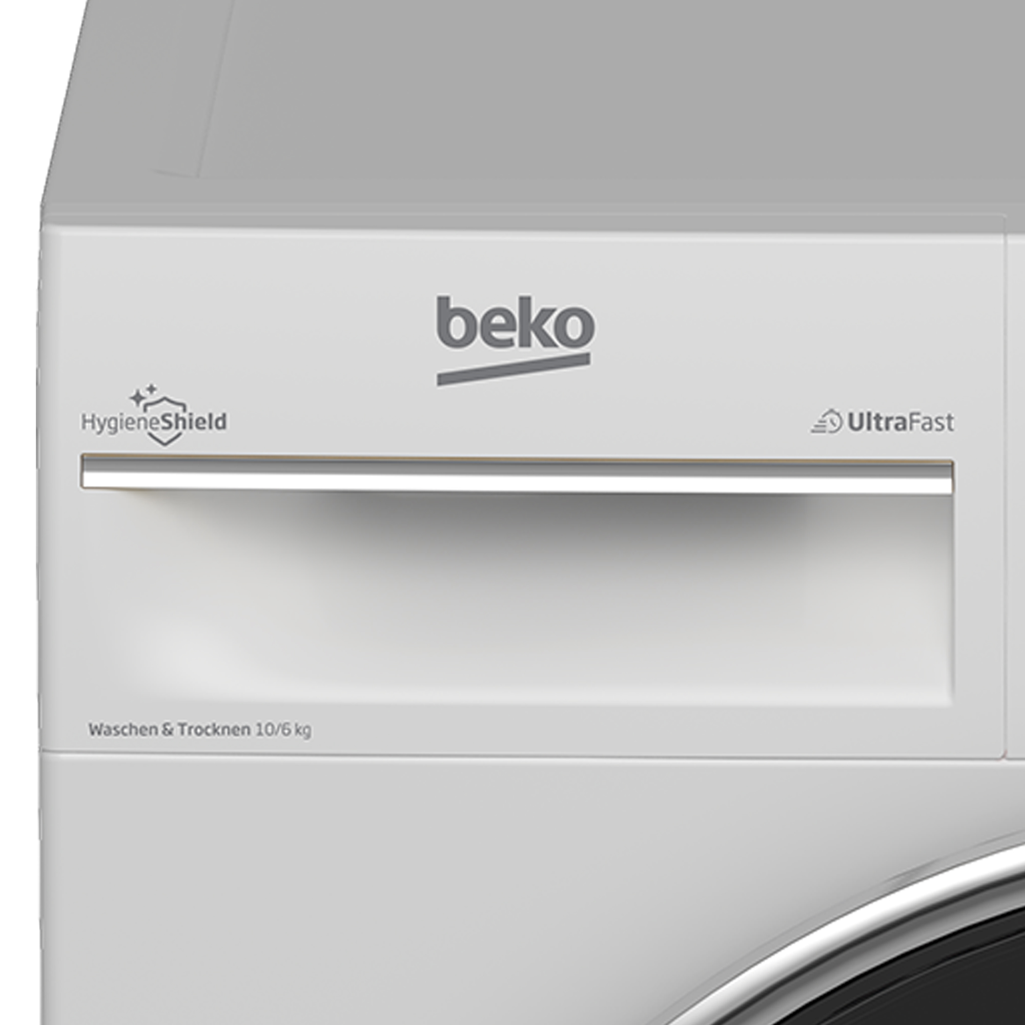 Weiße Waschmaschine mit Beko-Logo. Detailansicht mit HygieneShield und UltraFast Text.