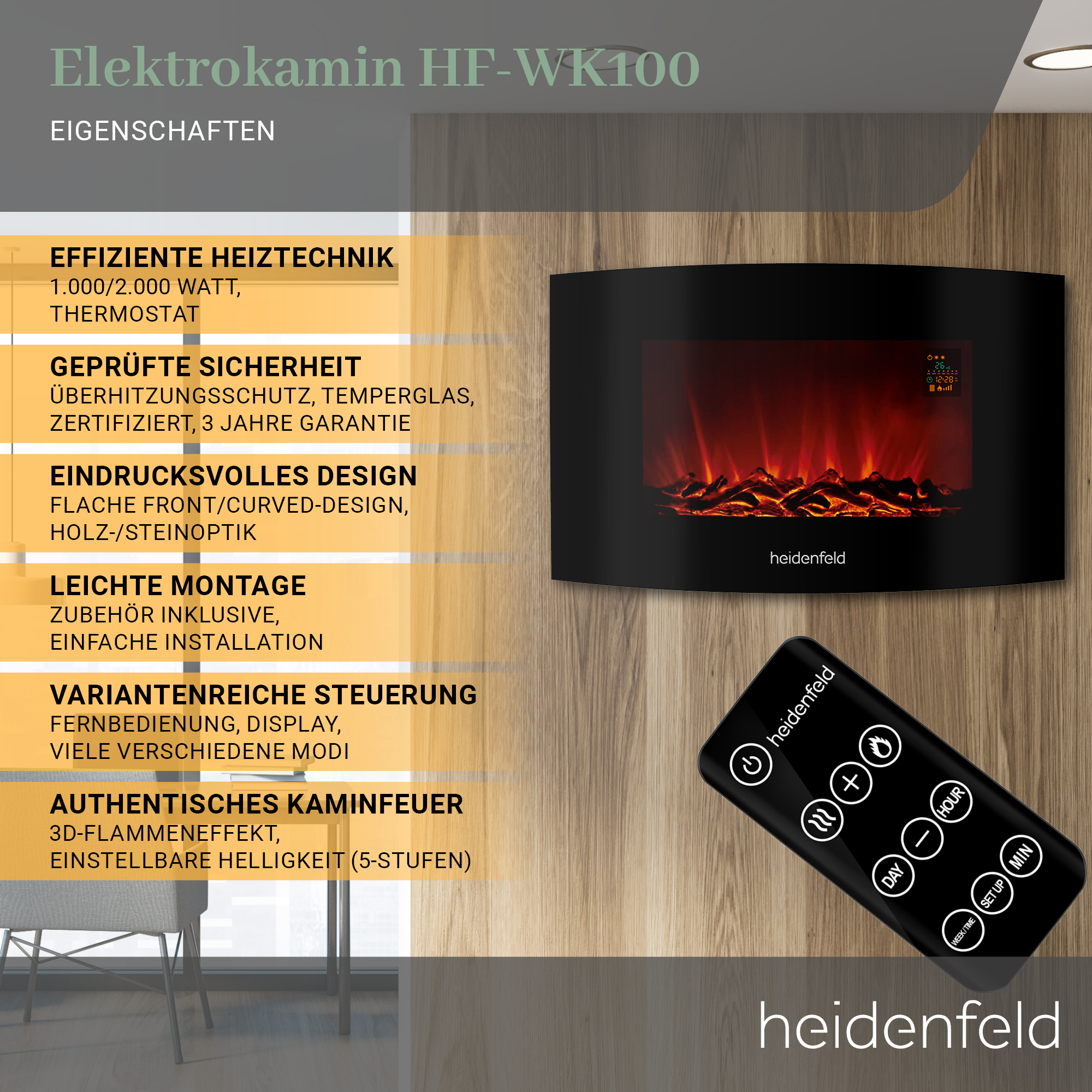 Wandkamin HF-WK100B (2000 Watt) Elektrischer HEIDENFELD Kamin Elektrokamin