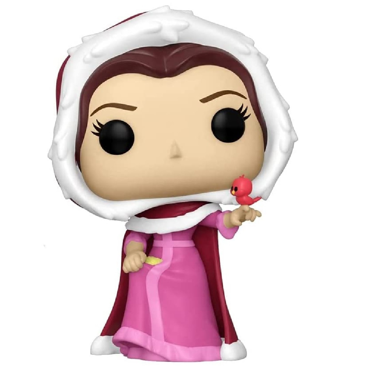 Figura di Belle Funko Pop in abito invernale, con un uccello in mano.
