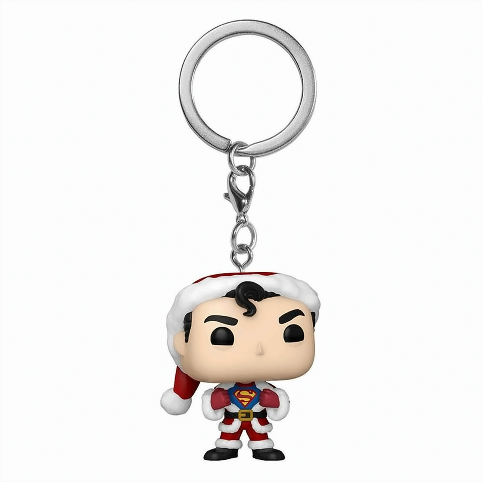 Un portachiavi di Natale di Superman con cappello da Babbo Natale rosso e bianco su sfondo bianco.