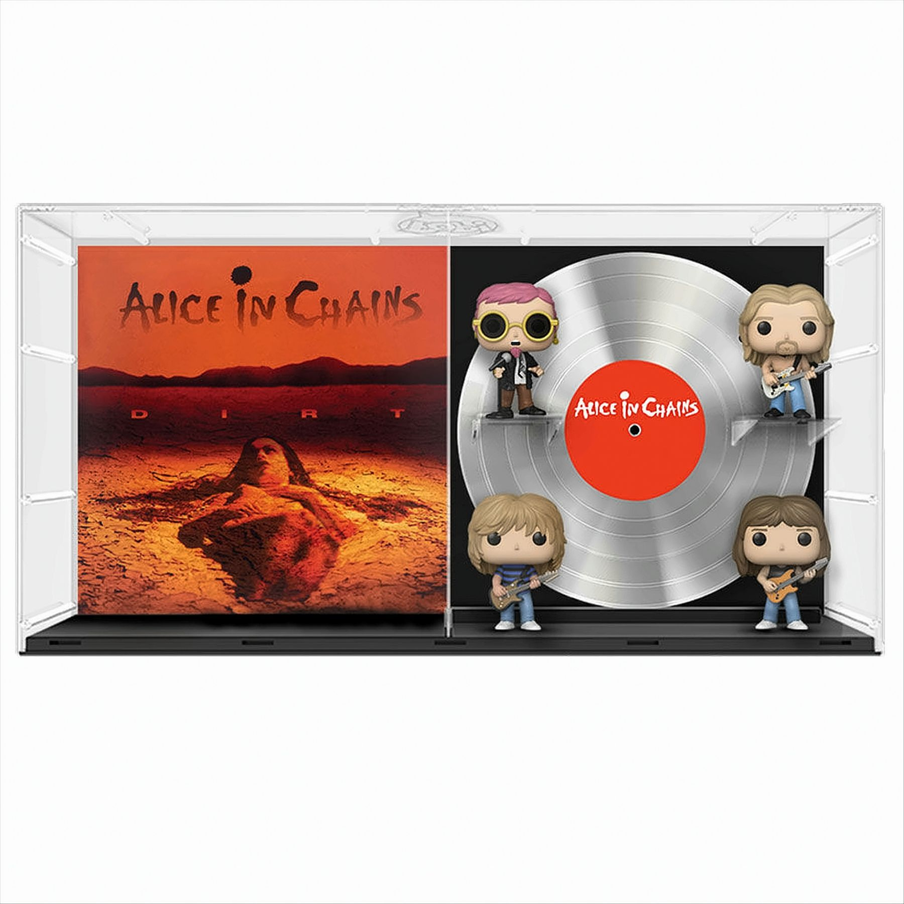 Eine Alice in Chains-Anzeige: Albumcover, Schallplatte und Figuren. Der Hintergrund ist weiß.