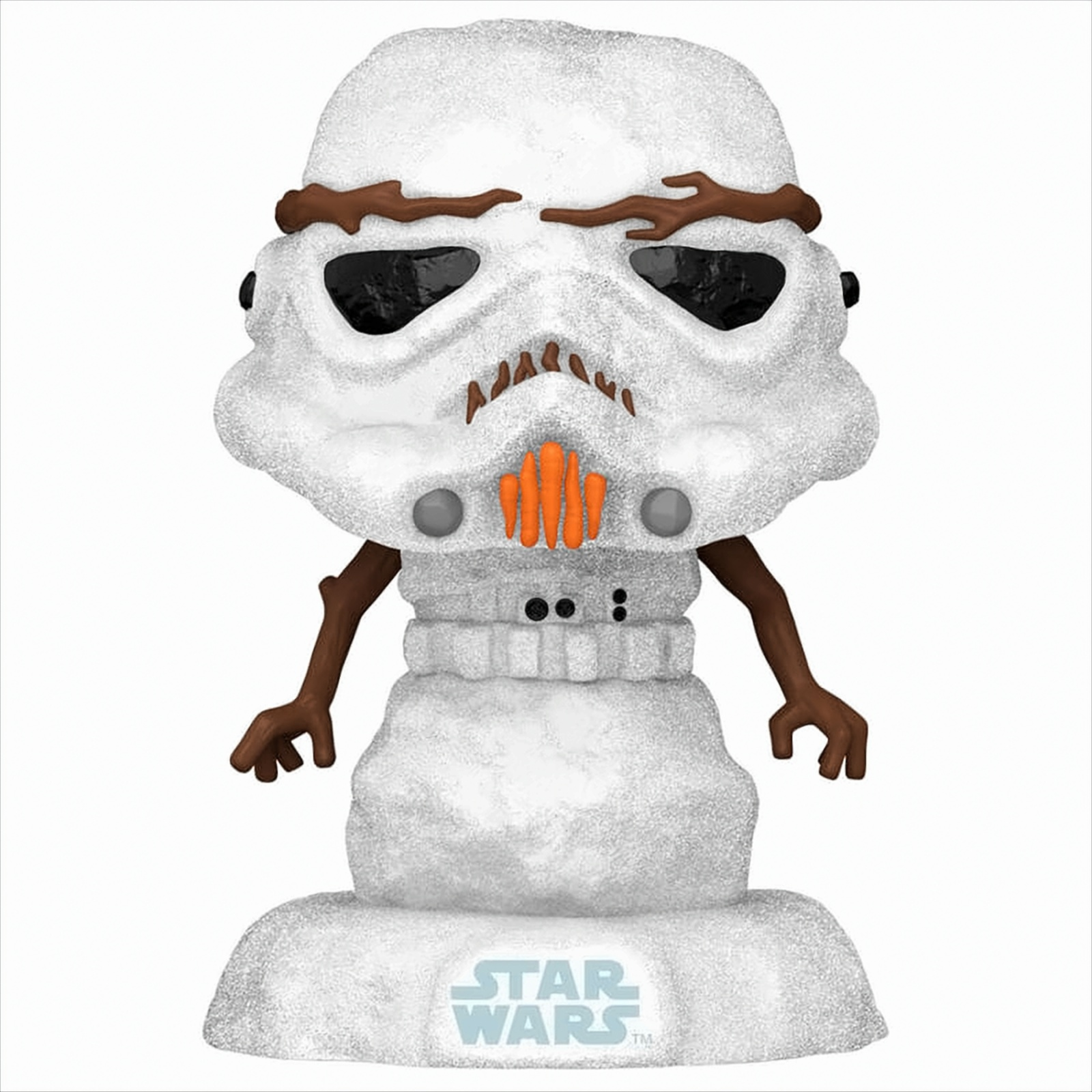 Una figura a forma di pupazzo di neve con logo Star Wars, fatta di neve e rami.