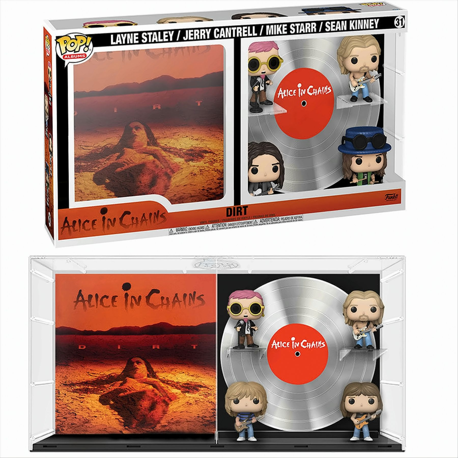 Alice in Chains 'Dirt' Album und Funko Pop Set. Figuren und Albumcover sind sichtbar.
