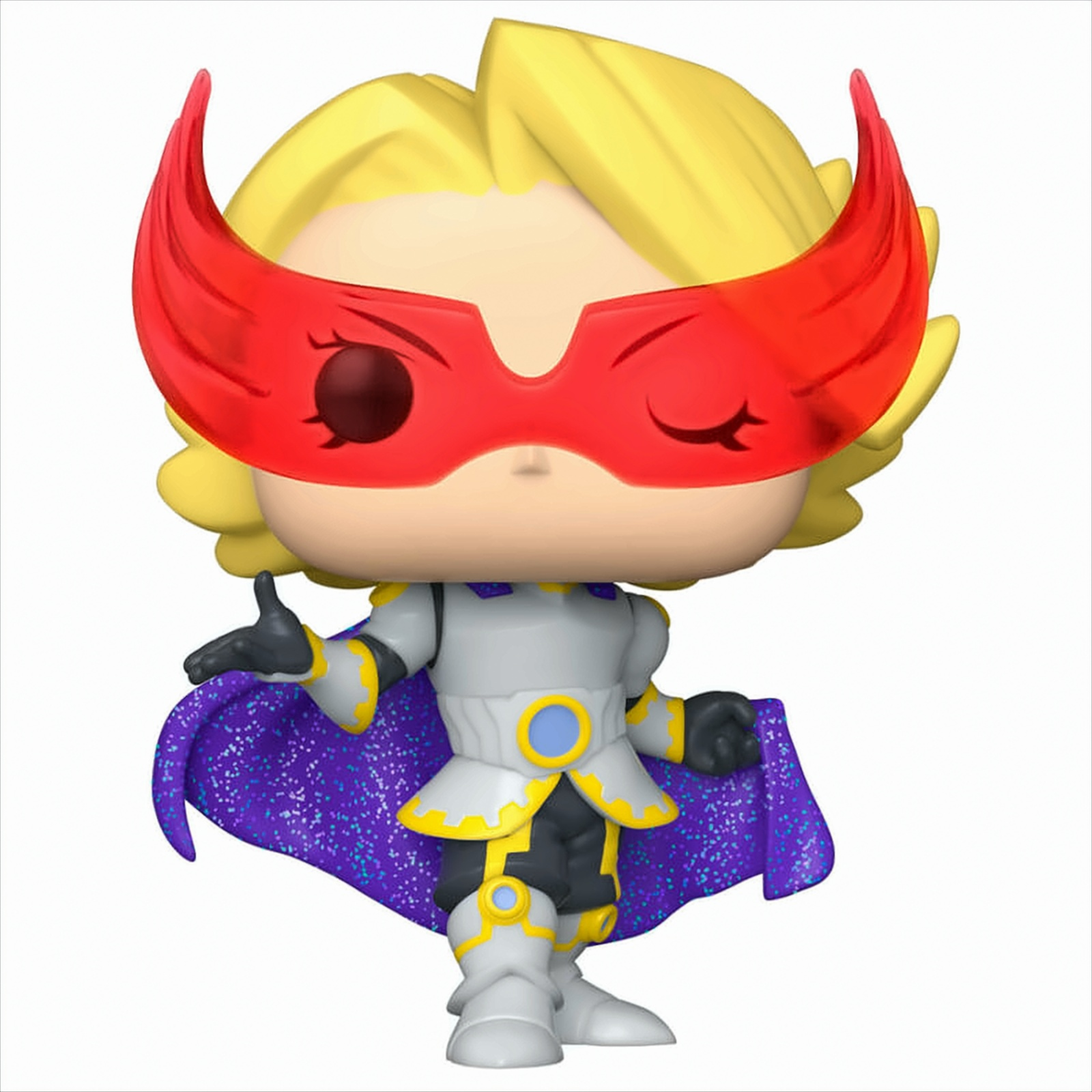 Figura Funko Pop, un supereroe biondo con maschera rossa e mantello viola.