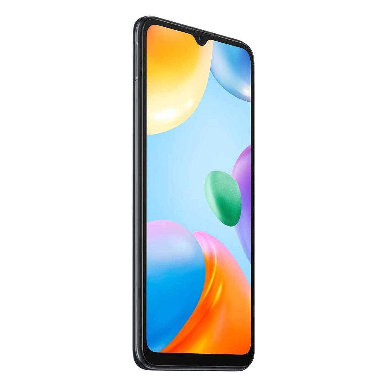 Schwarzes Smartphone mit farbenfrohem Display. Es zeigt orange, blaue und grüne Formen.