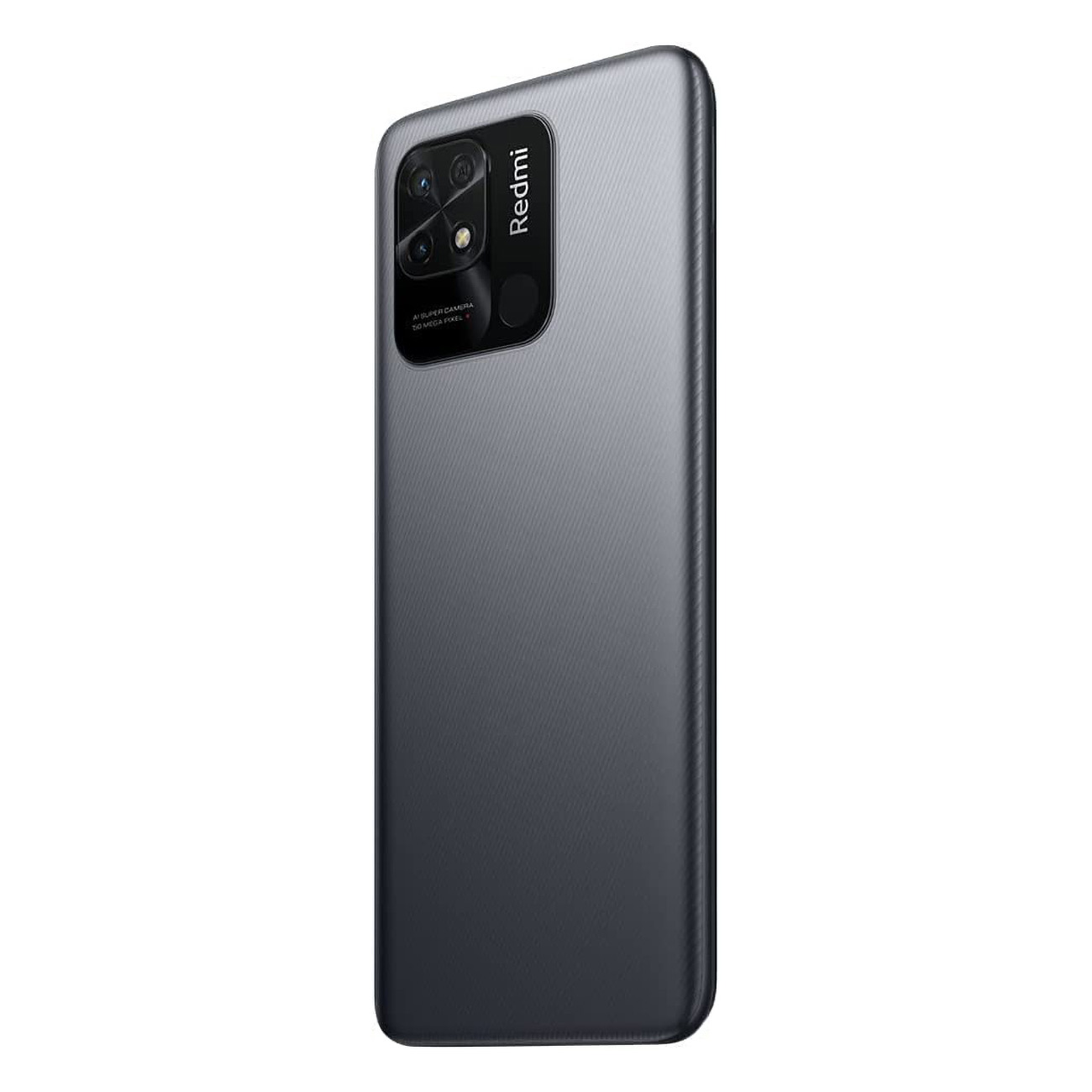 Die Rückseite eines dunkelgrauen Telefons mit drei Kameras und einem Redmi-Logo.
