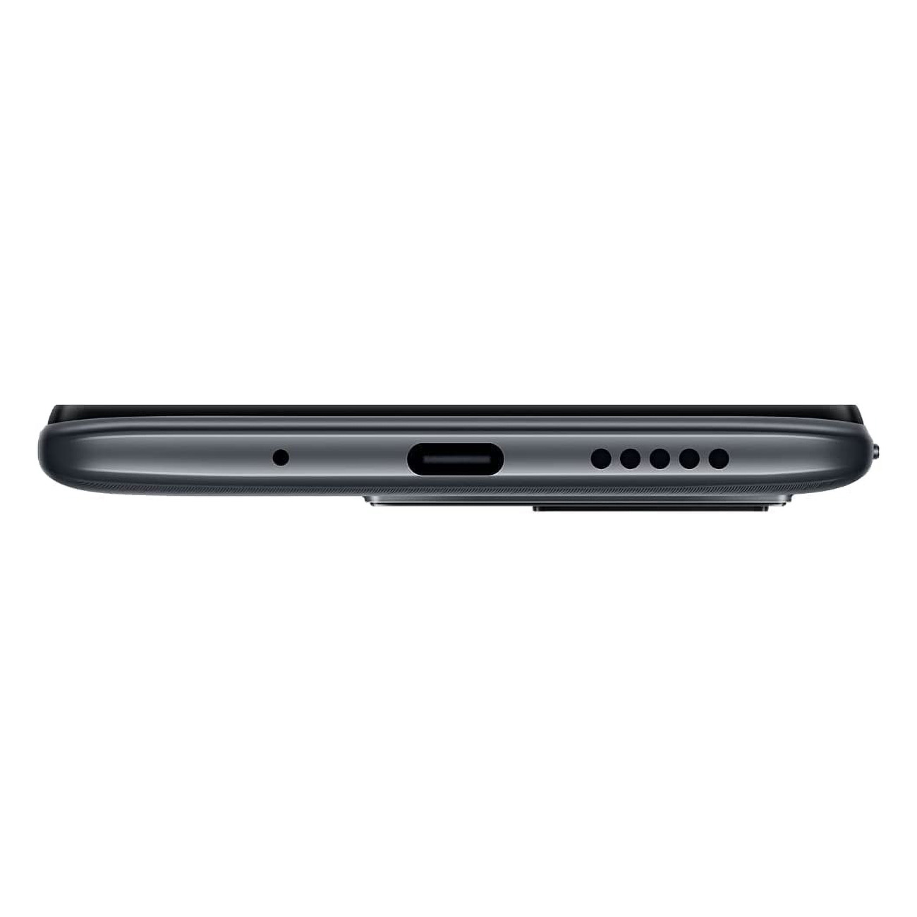Seitenansicht eines dunkelgrauen Smartphones mit Anschlüssen. USB-C-Anschluss, Lautsprecher und andere Anschlüsse sichtbar.