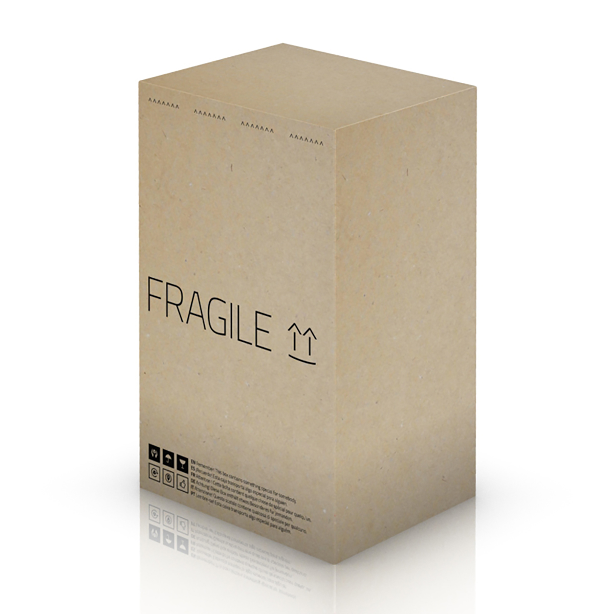 Ein rechteckiger Karton mit dem Wort 'FRAGILE' und einem Pfeil nach oben.