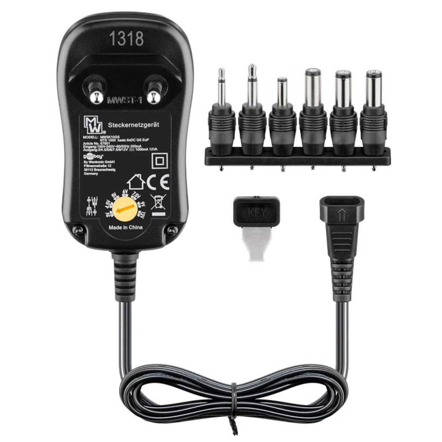 Schwarzes Netzteil mit mehreren Anschlüssen. Der Adapter hat ein Kabel, einen Stecker und mehrere DC-Ausgangsanschlüsse.