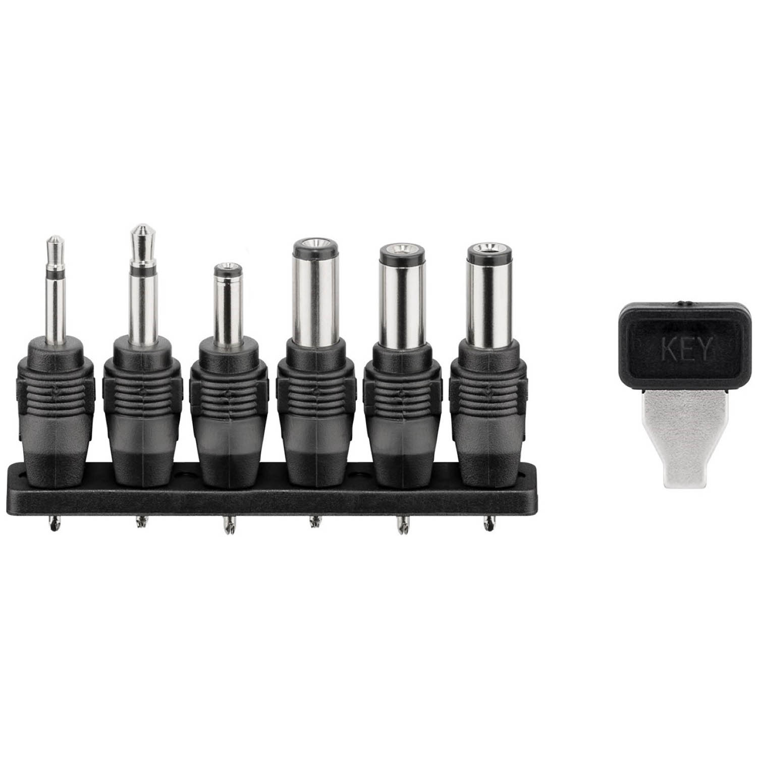 Ein Satz Gleichstrom-Adapterstecker mit einem Schlüssel.