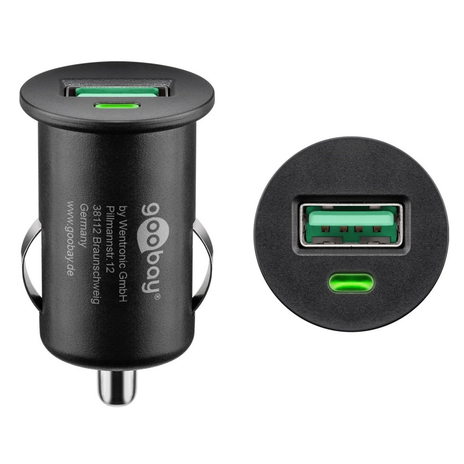 Schwarzes Autoladegerät mit grünem USB-Anschluss. Weißer Hintergrund.