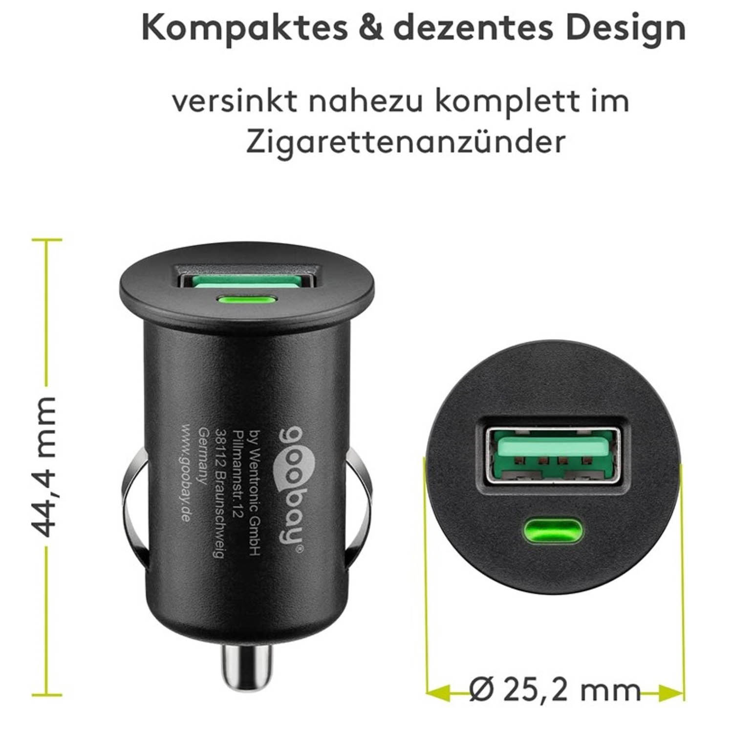 Schwarzes Autoladegerät mit grünem USB-Anschluss.