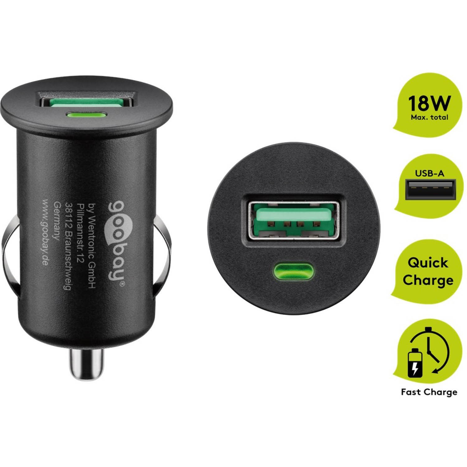 Schwarzes USB-Autoladegerät mit grünem USB-A-Anschluss und Schnelllade-Symbolen.