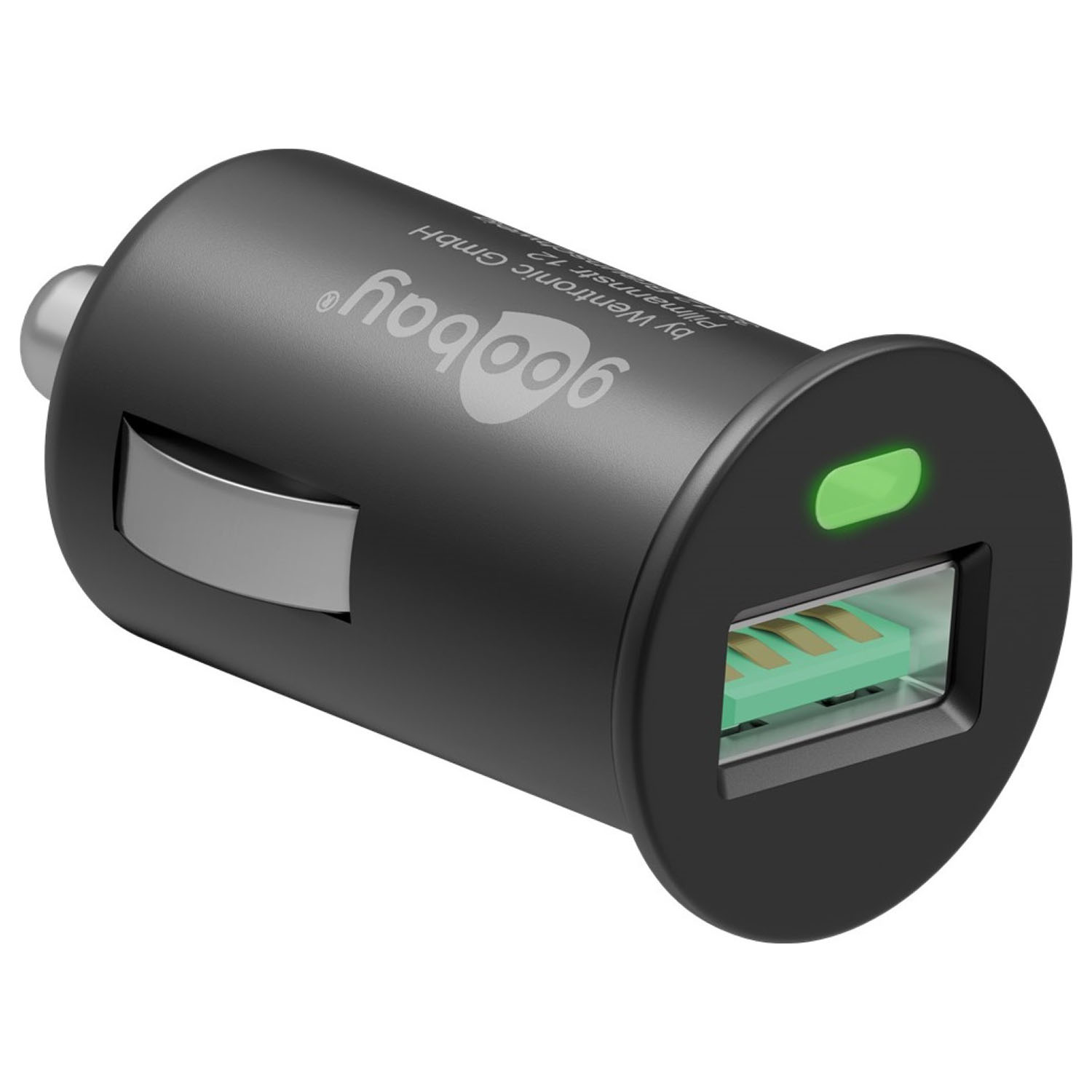 Schwarzes Autoladegerät mit USB-Anschluss und grüner LED.
