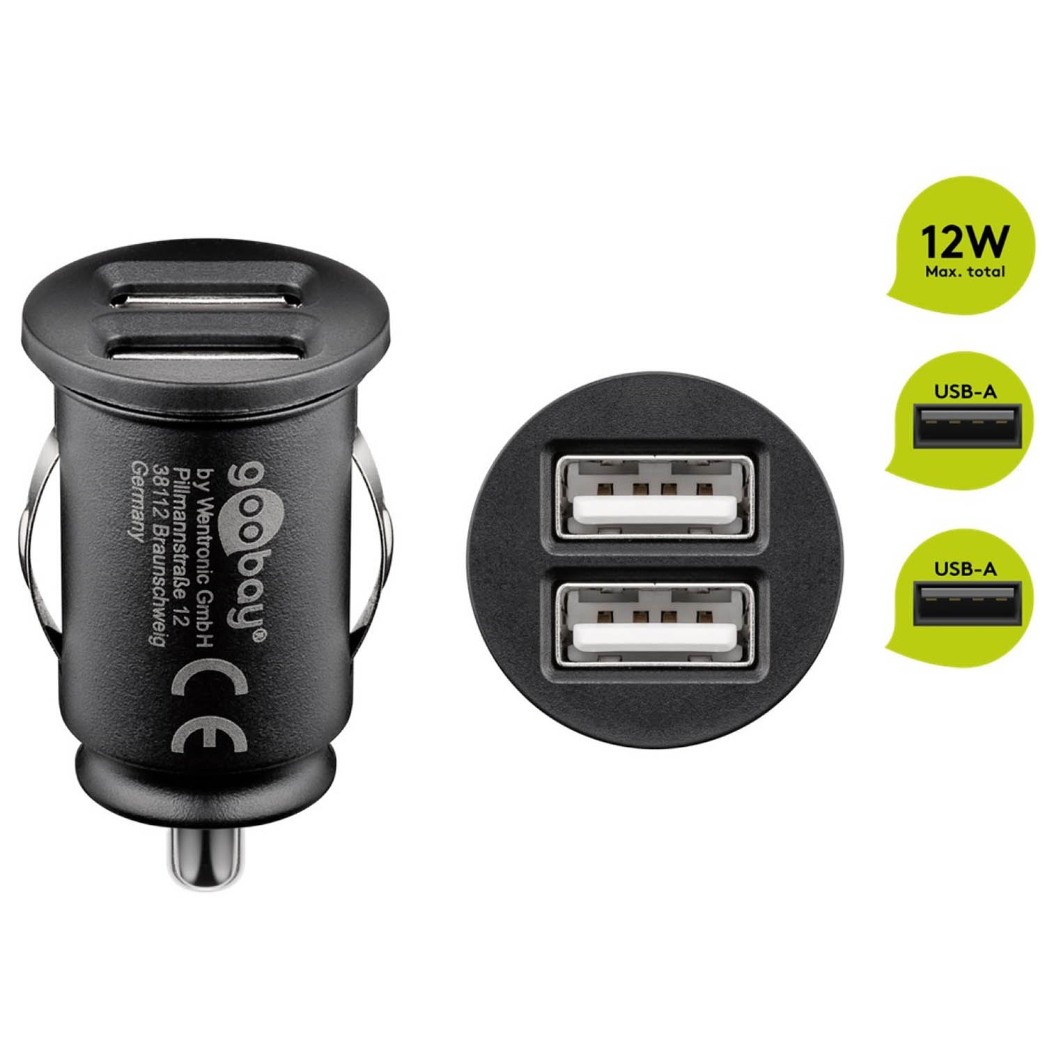 Schwarzes Autoladegerät mit zwei USB-Anschlüssen und USB-A-Symbolen auf weißer Oberfläche.