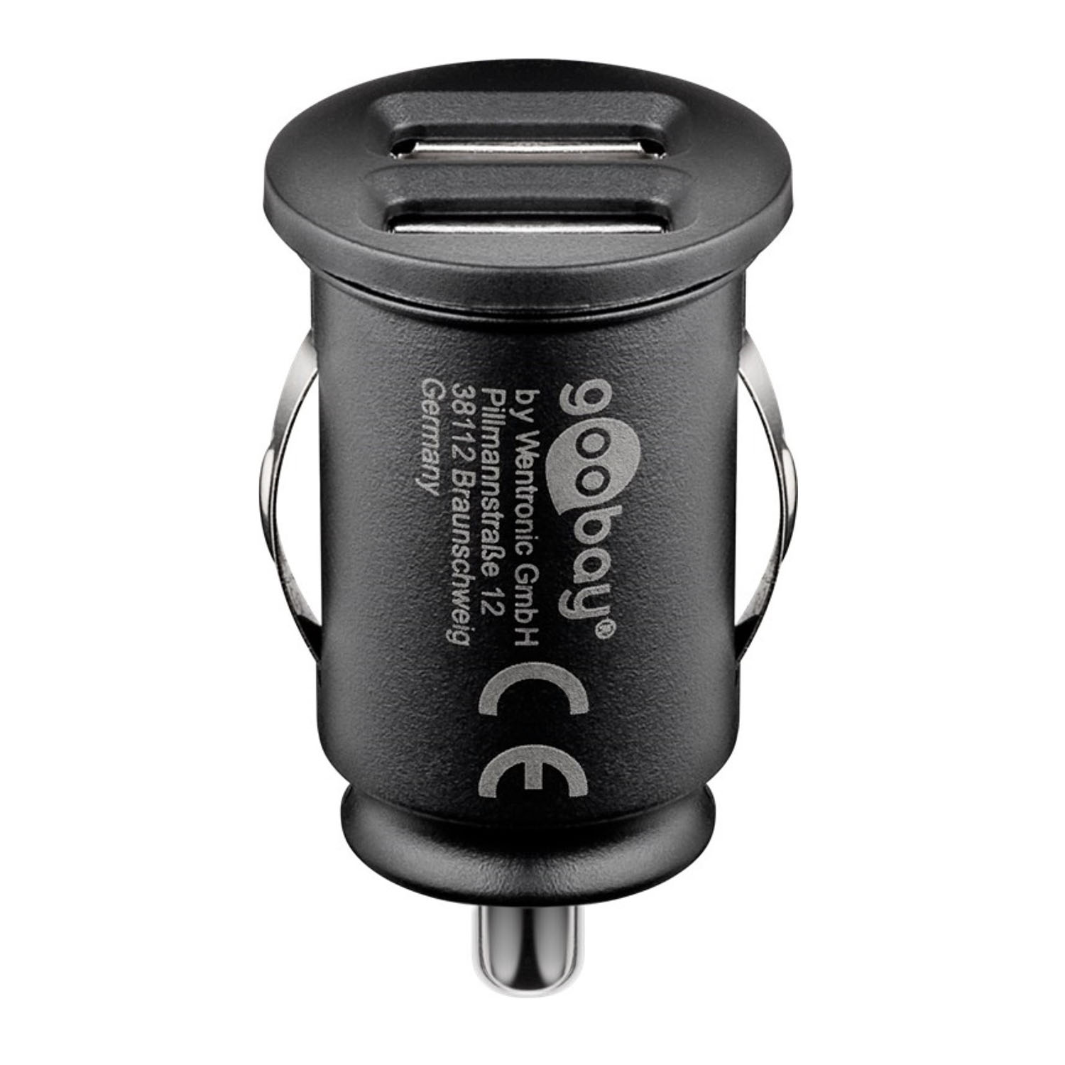 Ein schwarzes Autoladegerät mit zwei USB-Anschlüssen und dem Markennamen 'goobay'.