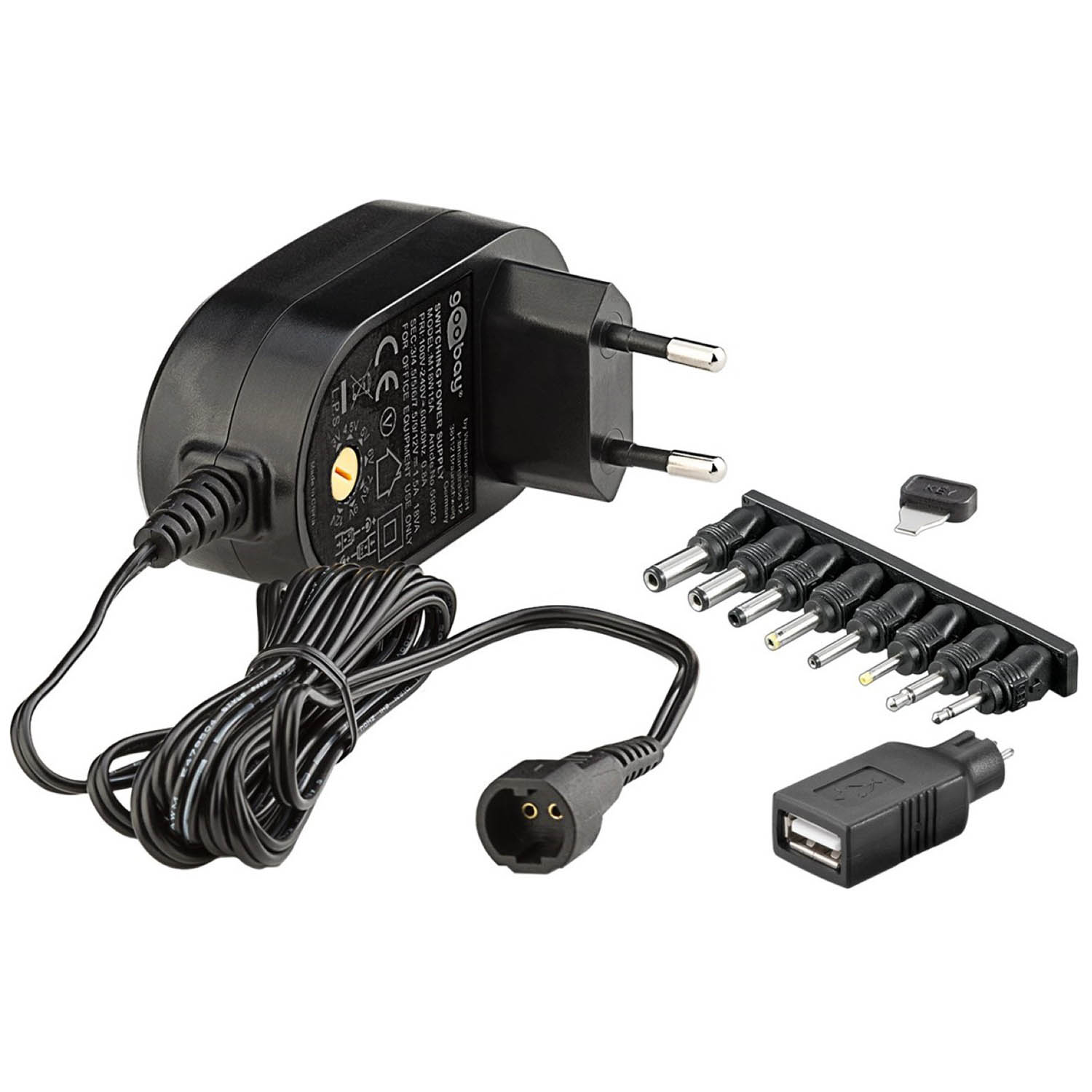 Schwarzes Multi-Adapter-Netzteil mit Steckern.