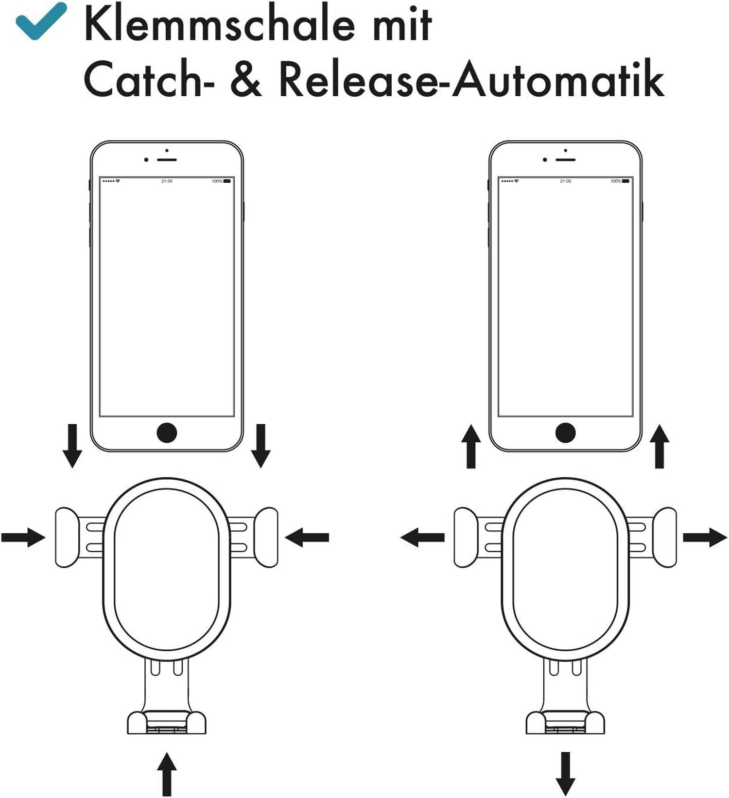 Diagramm, das zeigt, wie ein Telefon in einer Autotelefonhalterung montiert wird.