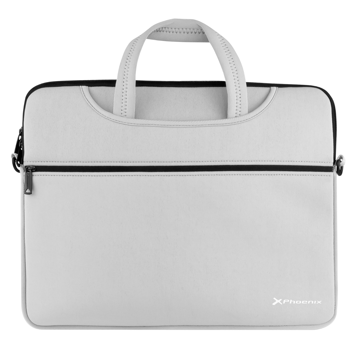 Borsa per laptop grigio chiaro con manico e cerniera nera, isolata su bianco.