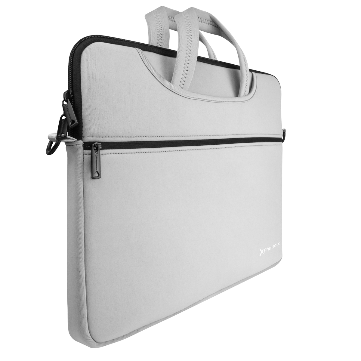 Una borsa per laptop grigio chiaro con cerniera. La parola "XPHOENIX" è visibile.