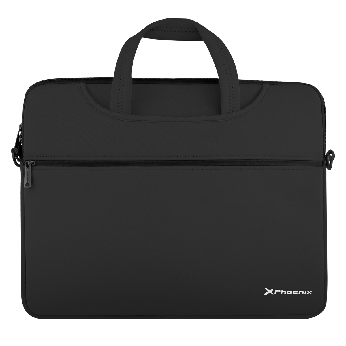 Bolsa negra para portátil con asa, cierre de cremallera y el logo XPhoenix.