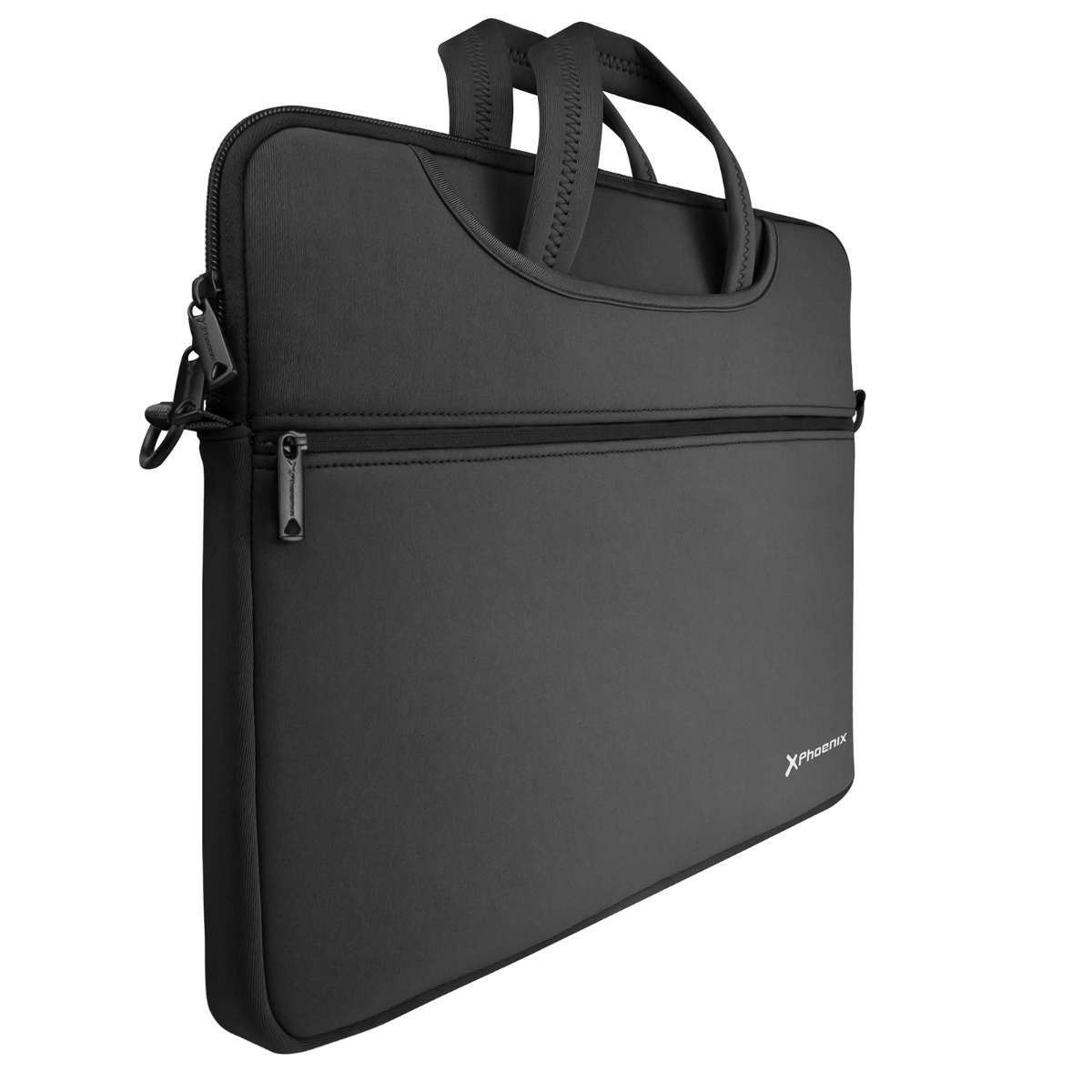 Una bolsa negra para portátil con cremallera, asa y bandolera.