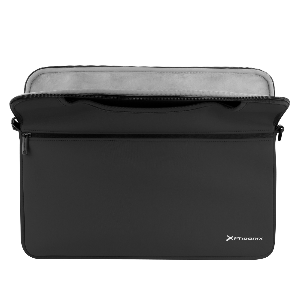 Funda negra para portátil con asa y logo, abierta para mostrar el interior gris.